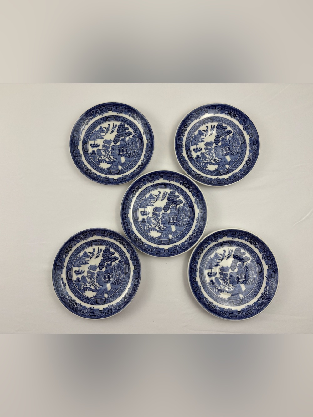 Johnson Bros-Willow Blue tea saucers-Stamped on back “Since 1883”-Set of 5